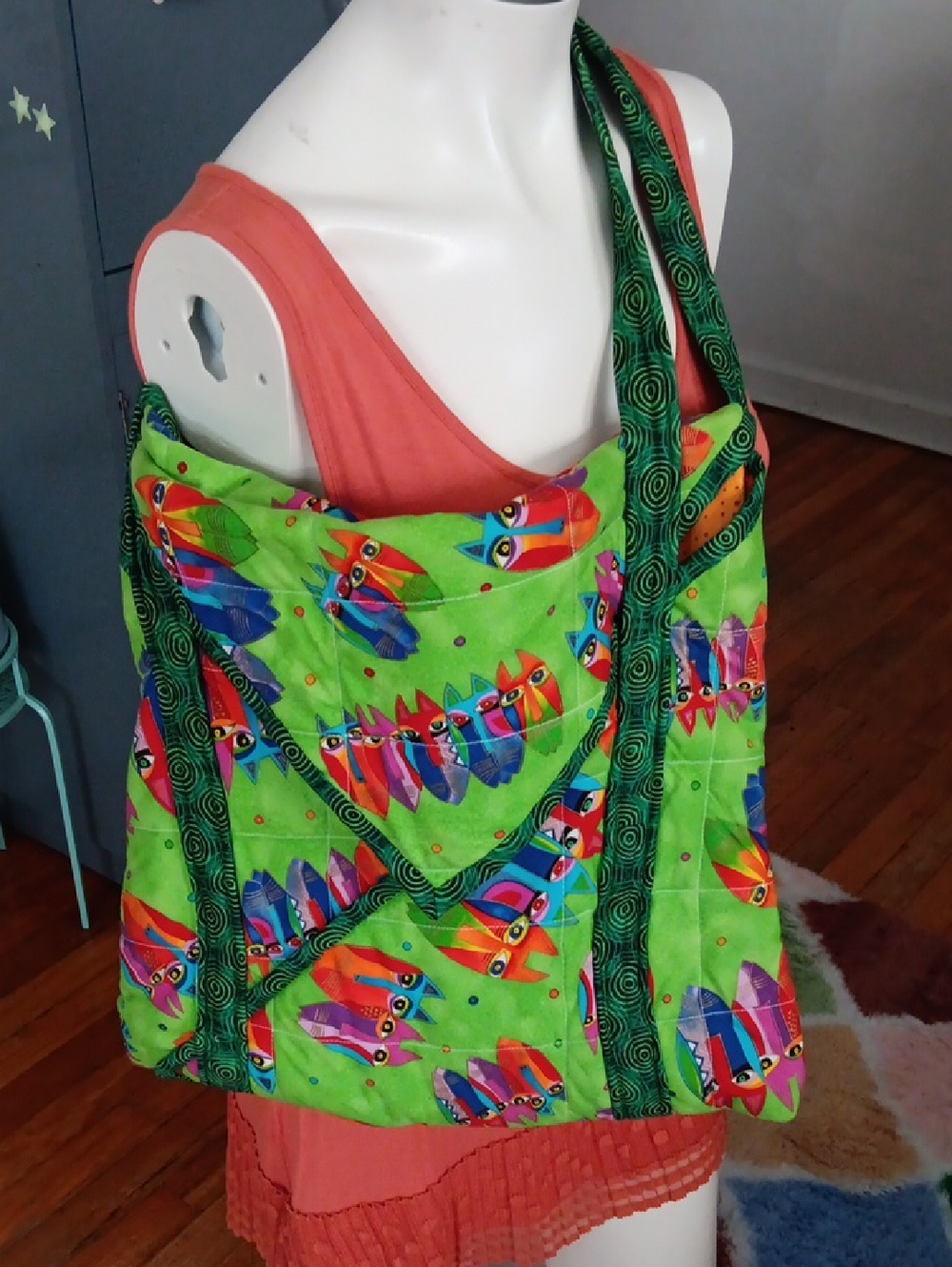 Large Handcrafted Quilted Tote Bag - Vintage Laurel Burch "Jungle Songs" Print